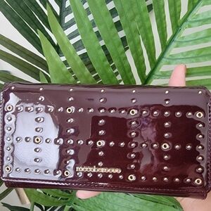 NWT Patent Leather Wine Red and Gold Studded Roccobarocco Wallet and Clutch